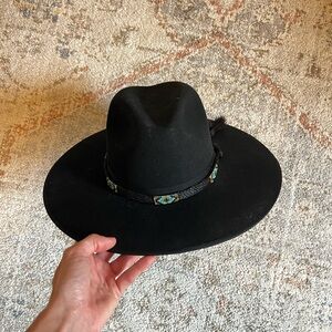 Stetson Black Cowboy Hat with Turquoise/Black Beaded Horse Hair Strap